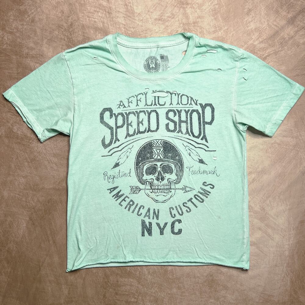 Affliction Speed Shop America Customs Distressed Thrashed Skull T-Shirt Teal Y2K